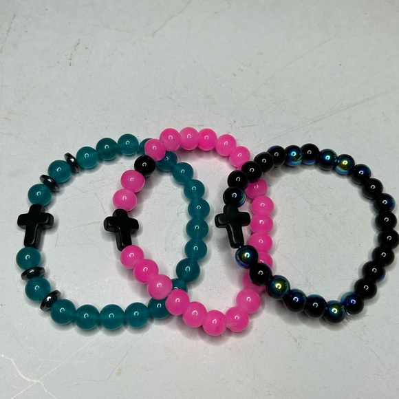 Pink Jade & Blue Agate Cross Bracelet Set - Picture 2 of 3